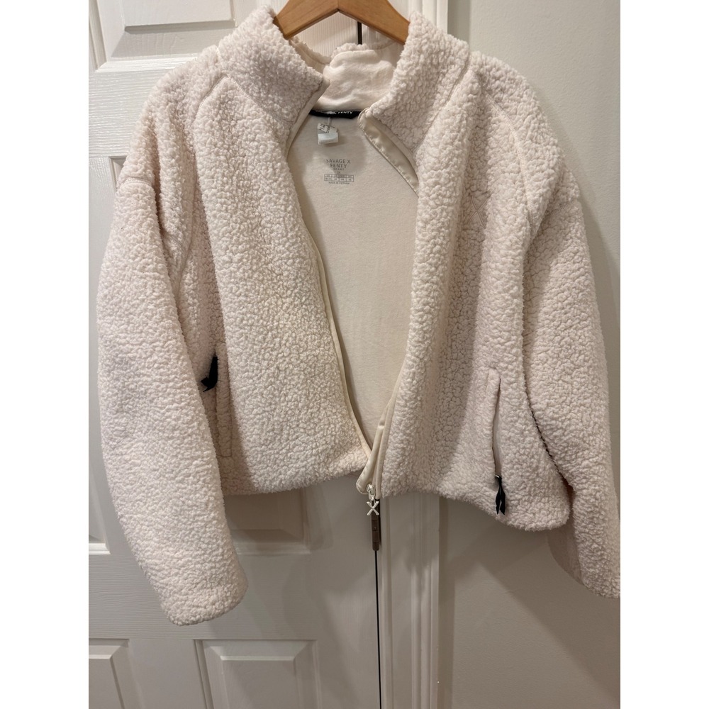 Savage X Fenty Sport Women 2X Cream Sherpa Fleece Cropped Zip Up Jacket White